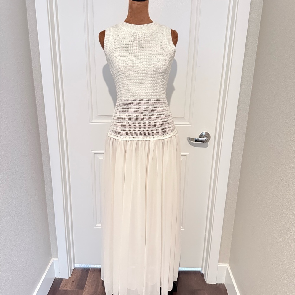 Peppermayo white Crochet Knit Sleeveless Dress XS/S Boho Drop Waist Sheer Skirt - Picture 2 of 10